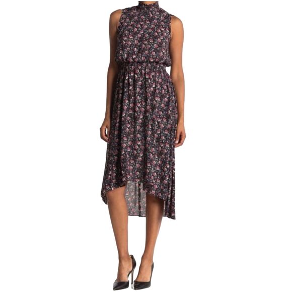 Nanette Lepore Dresses & Skirts - Nanette Lepore Women Black SZ 12 Sleeveless high Mock Neck Hi low Floral Dress